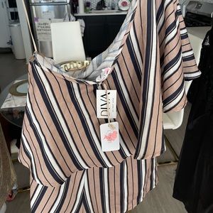 Striped tan one shoulder romper